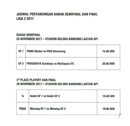 Jadwal Semifinal dan Final Liga 2 2017